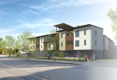 Rendering of exterior view of Onizuka Crossing Family Housing in Sunnyvale, California.