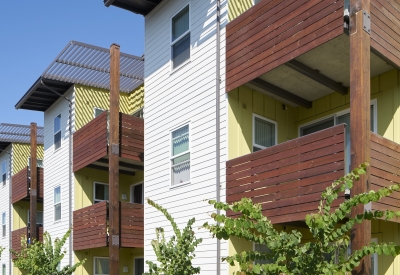 Exterior view of Onizuka Crossing Family Housing in Sunnyvale, California.