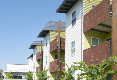 Exterior view of Onizuka Crossing Family Housing in Sunnyvale, California.