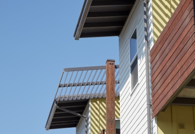 Detail view of exterior at Onizuka Crossing Family Housing in Sunnyvale, California.