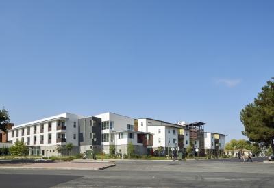 Exterior view of Onizuka Crossing Family Housing in Sunnyvale, California.