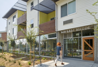 Exterior entrance view of Onizuka Crossing Family Housing in Sunnyvale, California.