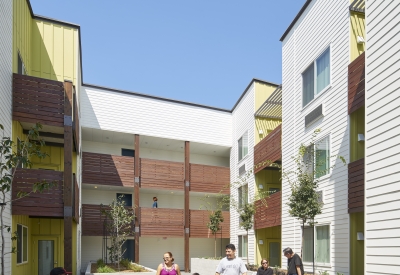 Courtyard view of Onizuka Crossing Family Housing in Sunnyvale, California.