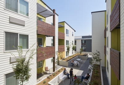 Courtyard inside Onizuka Crossing Family Housing in Sunnyvale, California.