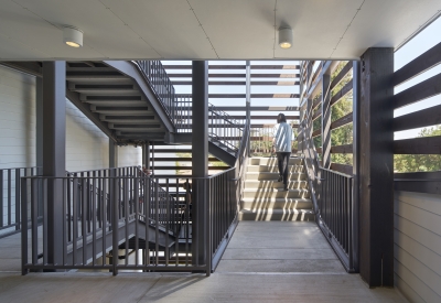 Exterior view of Onizuka Crossing Family Housing in Sunnyvale, California.