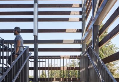 Exterior stairwell view of Onizuka Crossing Family Housing in Sunnyvale, California.