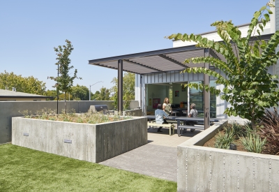 Courtyard view of Onizuka Crossing Family Housing in Sunnyvale, California.