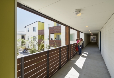 Open-air corridors in Onizuka Crossing Family Housing in Sunnyvale, California.