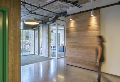 Entrance lobby inside Onizuka Crossing Family Housing in Sunnyvale, California.