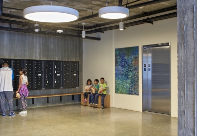 Elevator lobby inside Onizuka Crossing Family Housing in Sunnyvale, California.