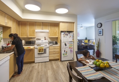 View of resident unit at Onizuka Crossing Family Housing in Sunnyvale, California.