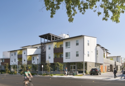 Exterior view of Onizuka Crossing Family Housing in Sunnyvale, California.