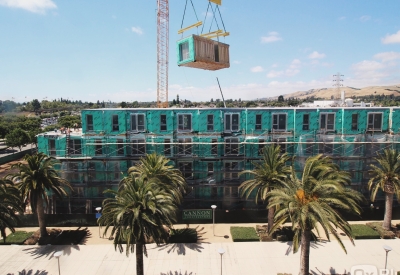 Modular placement during construction of Union Flats in Union City, Ca.