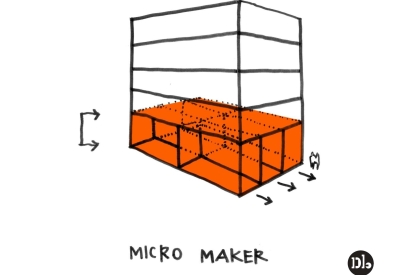 Sketch showing an example of micro makers on the ground floor for Pier 70 in San Francisco.
