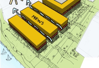 3D diagram of the pedestrian mews for Pier 70 in San Francisco.