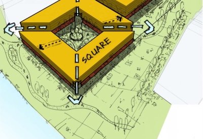 3D diagram showing the maker square for Pier 70 in San Francisco.