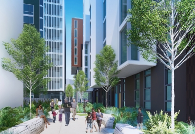 Rendering of pedestrian mews for Brady Block development in San Francisco.