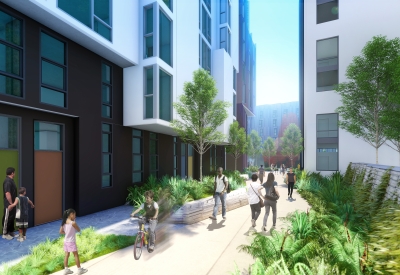 Rendering of pedestrian mews for Brady Block development in San Francisco.