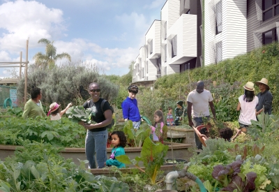 Exterior rendering of the community garden at 2675 Folsom Street in San Francisco.