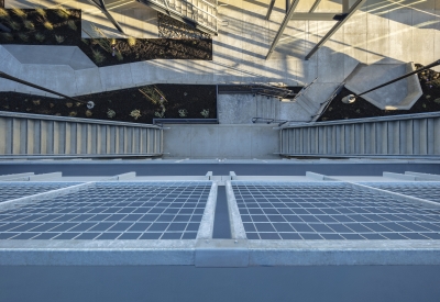 View down from exterior circulation of Rocky Hill Veterans Housing in Vacaville, California.