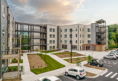 Exterior view of Maple Crest Apartments at Lee Walker Heights in Asheville, North Carolina.