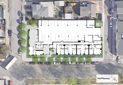 Ground level site plan for Coliseum Place, affordable housing in Oakland, Ca.