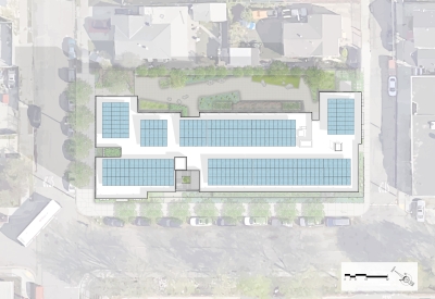 Roof level site plan for Coliseum Place, affordable housing in Oakland, Ca