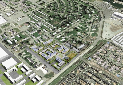 Rendered aerial view of RESHAP Alameda Point in Alameda, Ca.