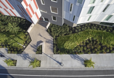 Aerial view of Edwina Benner Plaza in Sunnyvale, Ca.