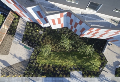 Aerial view of Edwina Benner Plaza in Sunnyvale, Ca.
