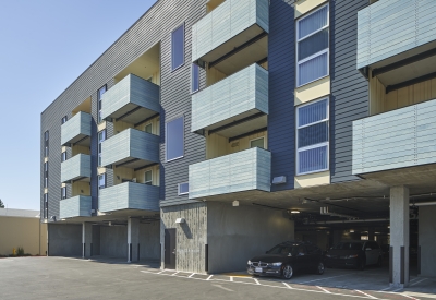 View of the parking garage in Edwina Benner Plaza in Sunnyvale, Ca.