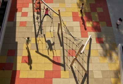 Aerial view of the playground in Edwina Benner Plaza in Sunnyvale, Ca.