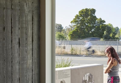 Looking out from a window on the street in Edwina Benner Plaza in Sunnyvale, Ca.