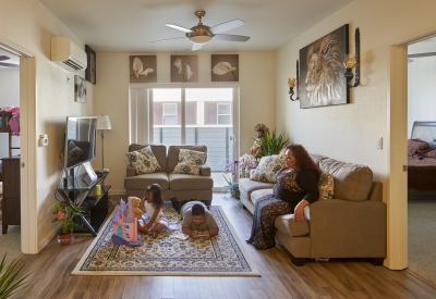 A resident's living room inside Edwina Benner Plaza in Sunnyvale, Ca.