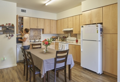 A resident's kitchen inside Edwina Benner Plaza in Sunnyvale, Ca.