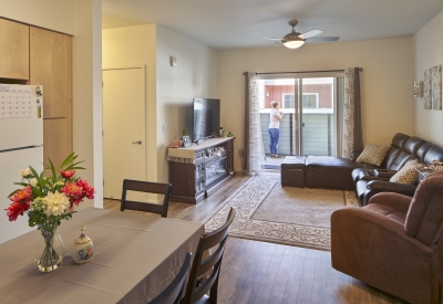 Resident's living room inside Edwina Benner Plaza in Sunnyvale, Ca.