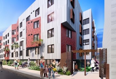 Rendered view of La Fénix at 1950, affordable housing in the mission district of San Francisco.