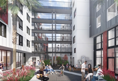 Rendered courtyard at La Fénix at 1950, affordable housing in the mission district of San Francisco.