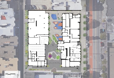 Ground level site plan for La Fénix at 1950, affordable housing in the mission district of San Francisco.