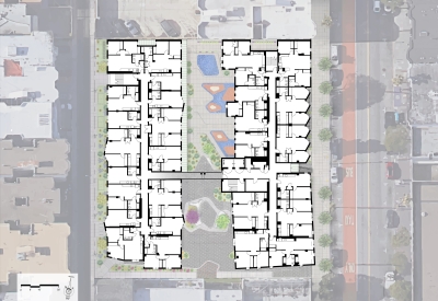 Lower level site plan for La Fénix at 1950, affordable housing in the mission district of San Francisco.