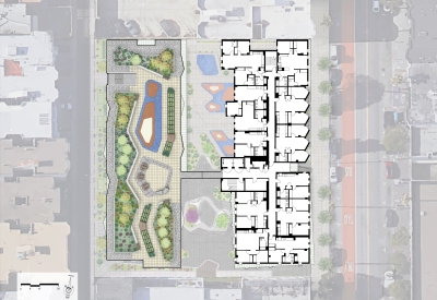 Upper level site plan for La Fénix at 1950, affordable housing in the mission district of San Francisco.