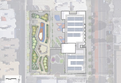 Roof level site plan for La Fénix at 1950, affordable housing in the mission district of San Francisco.