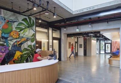 Entrance lobby inside La Fénix at 1950, affordable housing in the mission district of San Francisco.