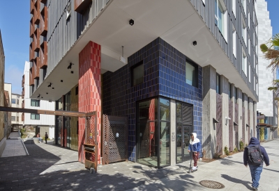 Community entrance to La Fénix at 1950, affordable housing in the mission district of San Francisco.