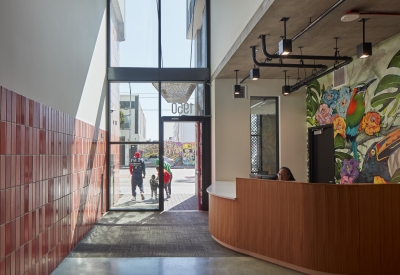 Entrance lobby inside La Fénix at 1950, affordable housing in the mission district of San Francisco.