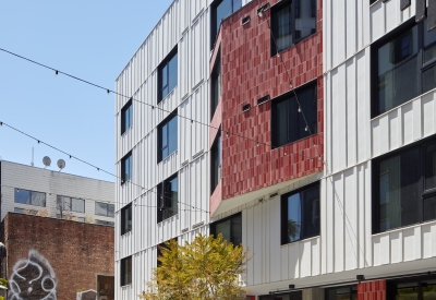 Courtyard inside La Fénix at 1950, affordable housing in the mission district of San Francisco.