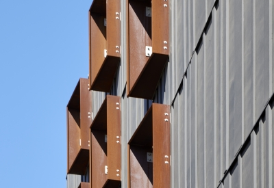 Steel sunshades on La Fénix at 1950, affordable housing in the mission district of San Francisco.