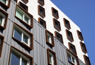 Steel sunshades on La Fénix at 1950, affordable housing in the mission district of San Francisco.