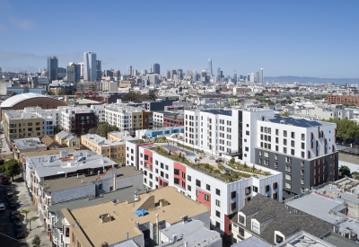 Aerial view of La Fénix at 1950, affordable housing in the mission district of San Francisco.