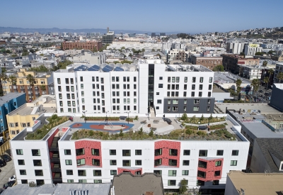 Aerial view of La Fénix at 1950, affordable housing in the mission district of San Francisco.